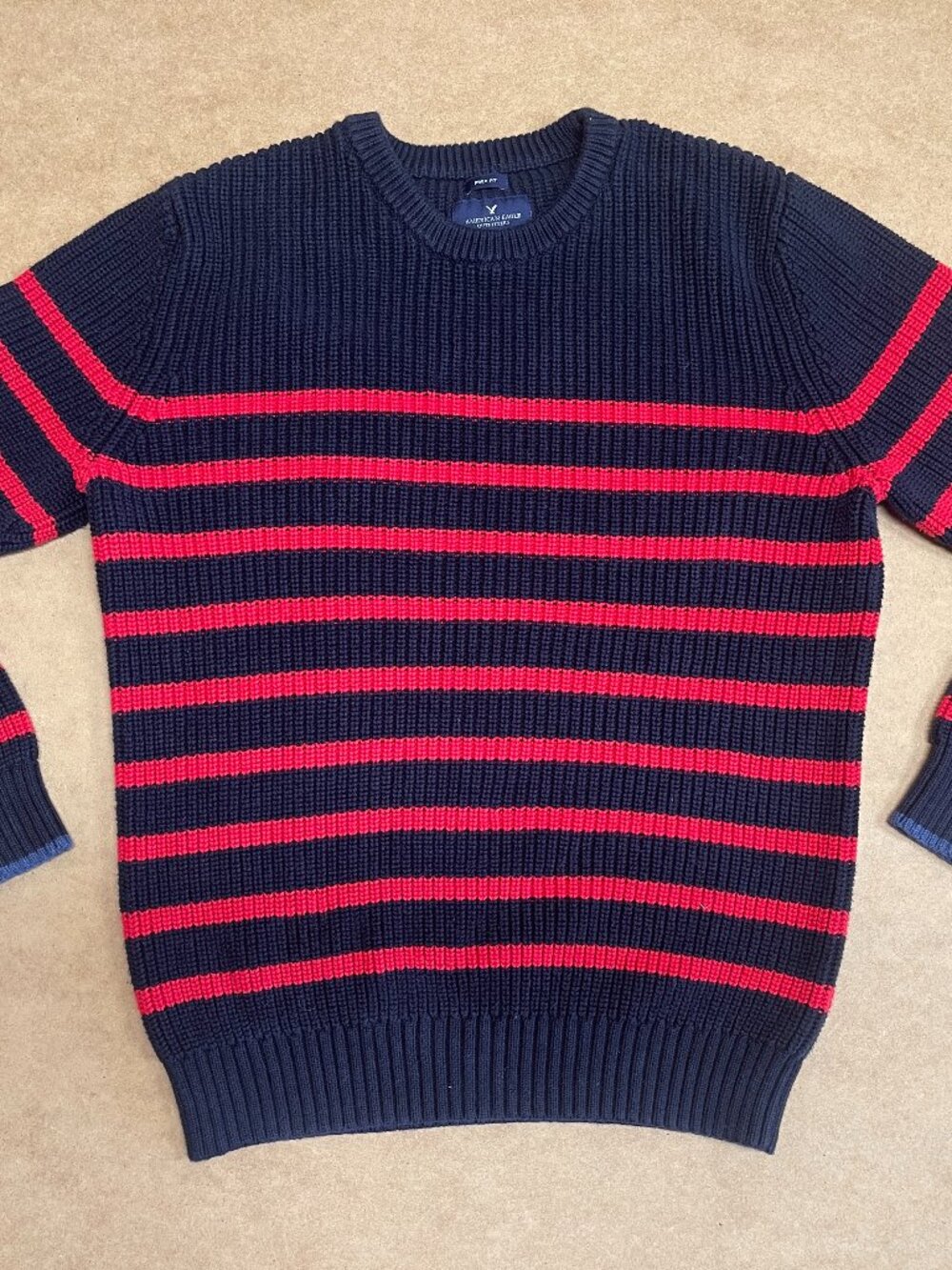 EUC Mens American Eagle Prep Fit Navy Blue Red Striped Sweater Size Large